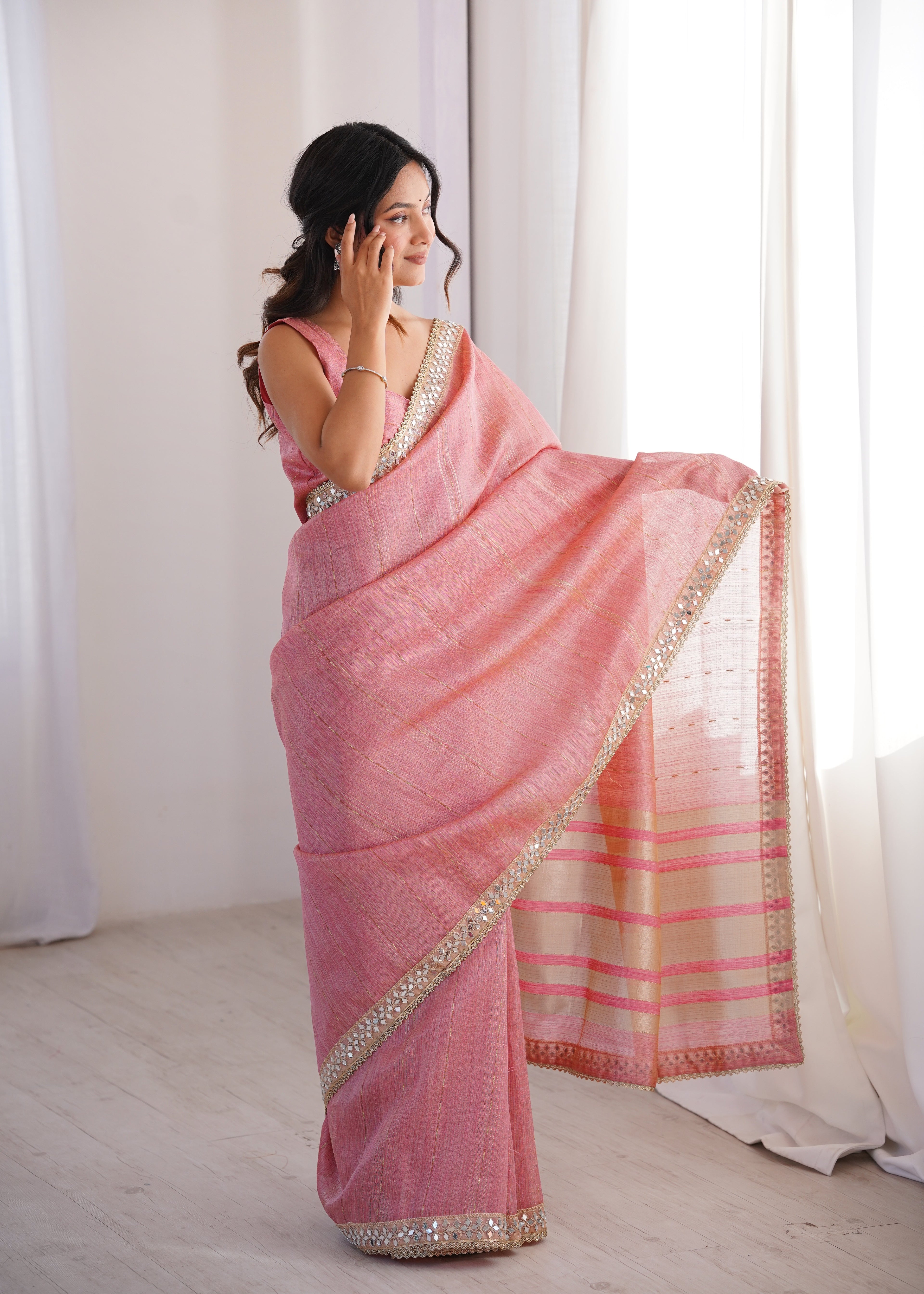 Pink Colour Spun Cotton Saree with Embroidered Border with Real Mirror Work