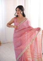 Pink Colour Spun Cotton Saree with Embroidered Border with Real Mirror Work