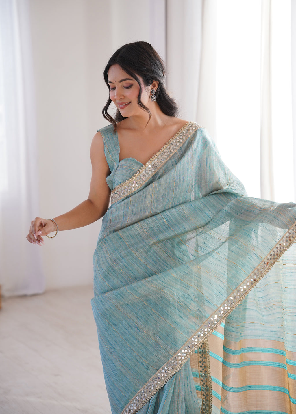 Blue Colour Spun Cotton Saree with Embroidered Border with Real Mirror Work