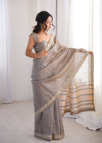 Grey Colour Spun Cotton Saree with Embroidered Border with Real Mirror Work