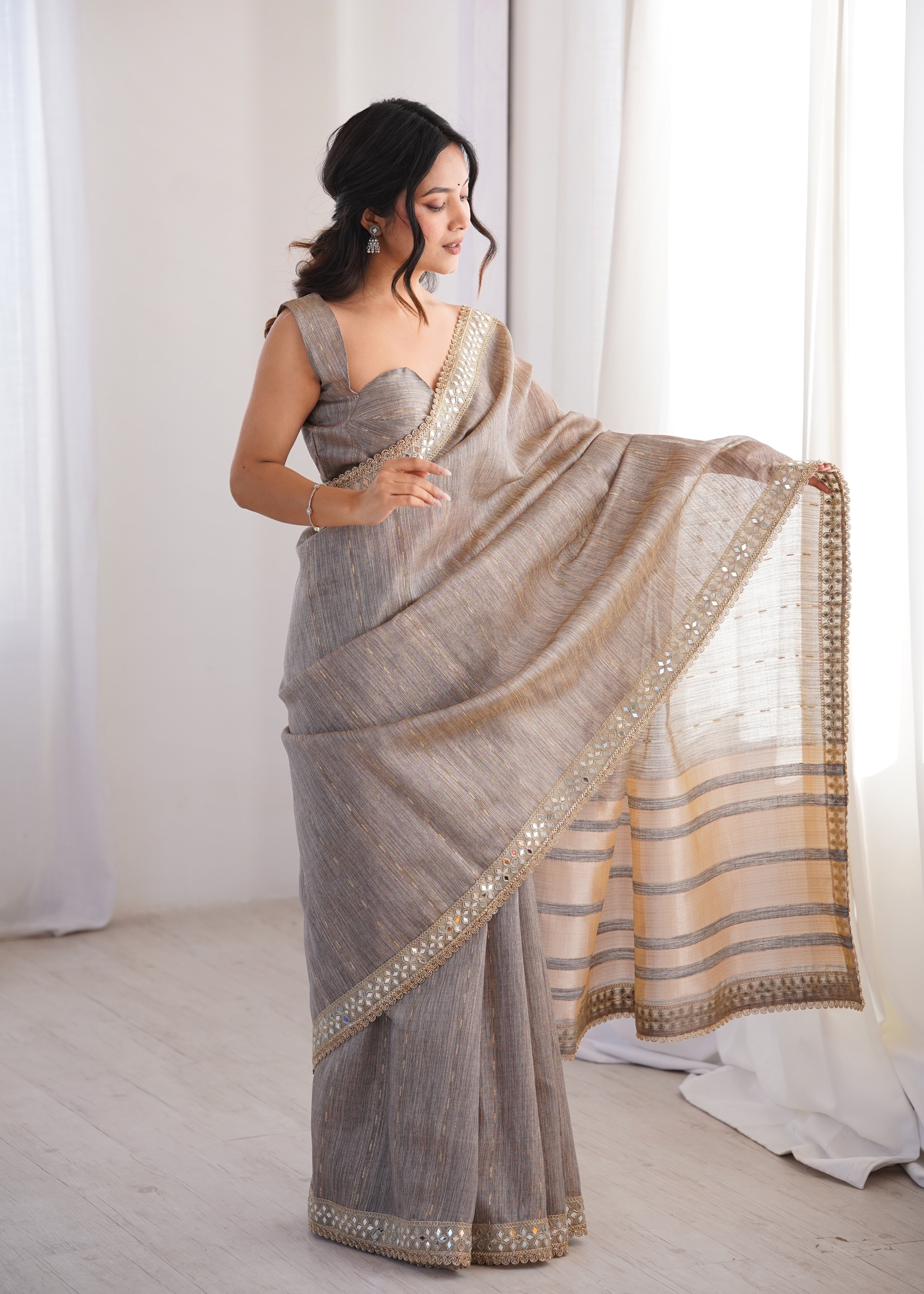 Grey Colour Spun Cotton Saree with Embroidered Border with Real Mirror Work