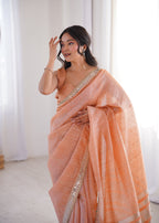 Light Orange Colour Spun Cotton Saree with Embroidered Border with Real Mirror Work