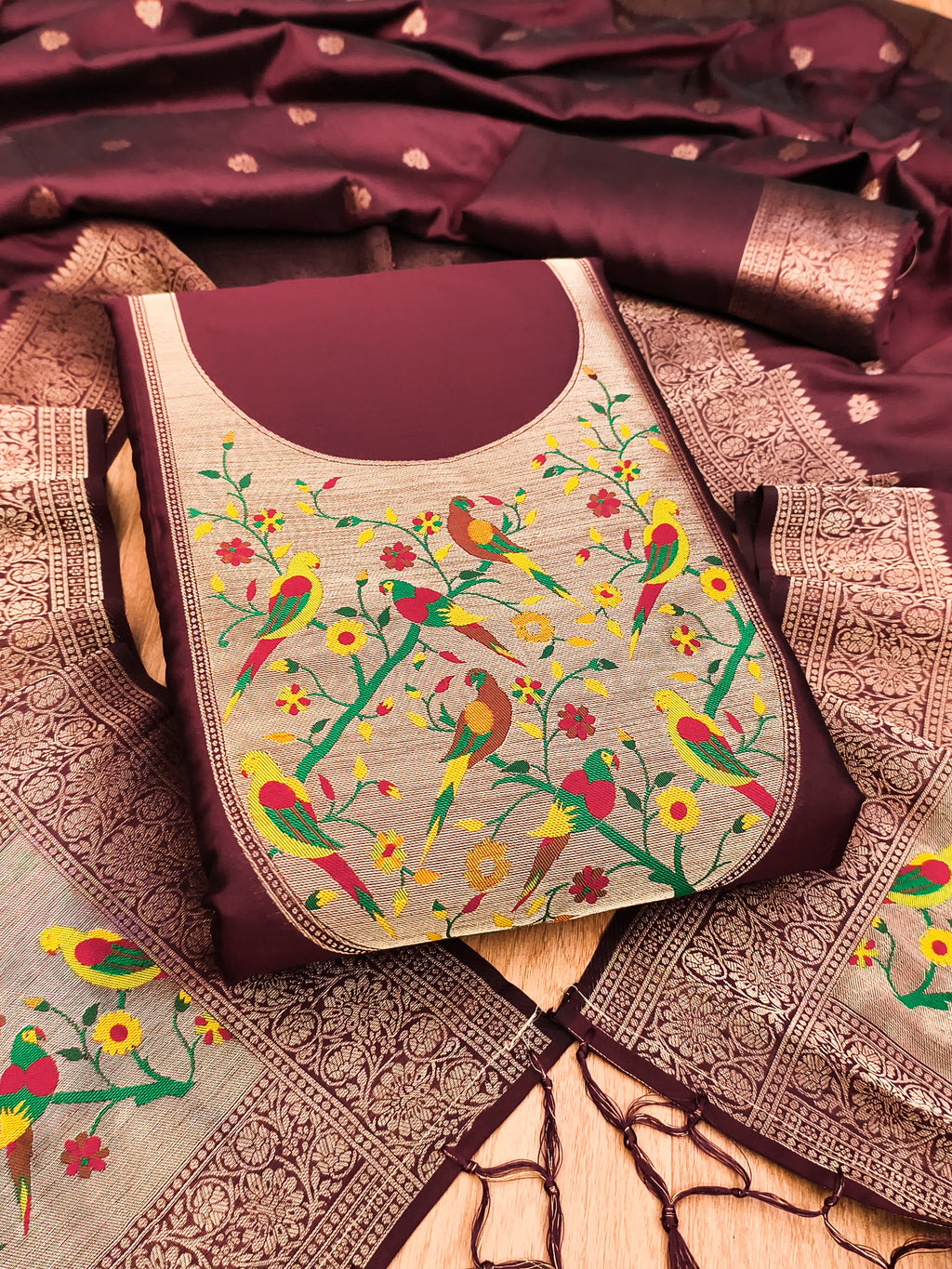 Maroon Color Paithani woven Pattern Top, Bottom & Dupatta Dress Material