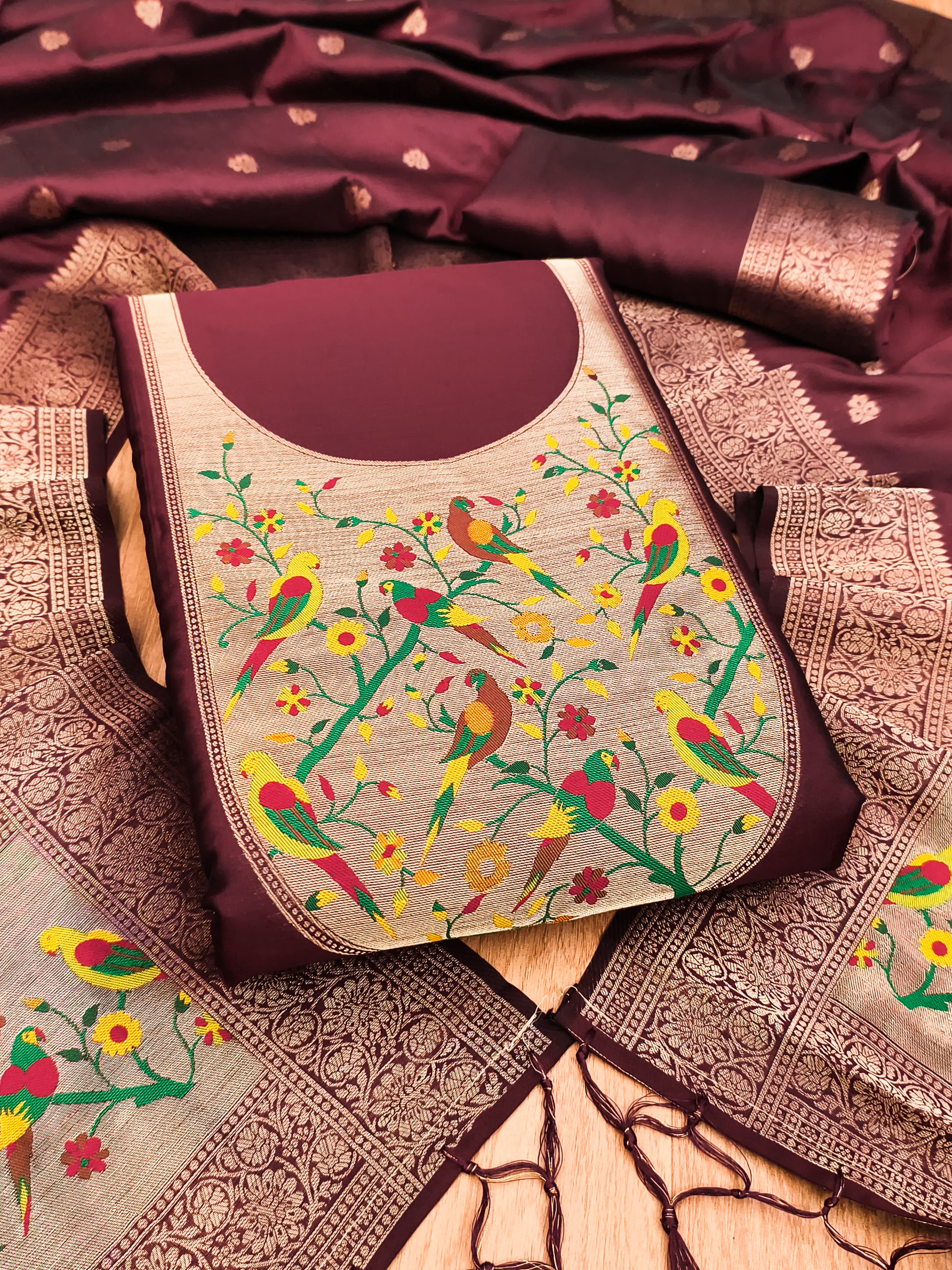 Maroon Color Paithani woven Pattern Top, Bottom & Dupatta Dress Material