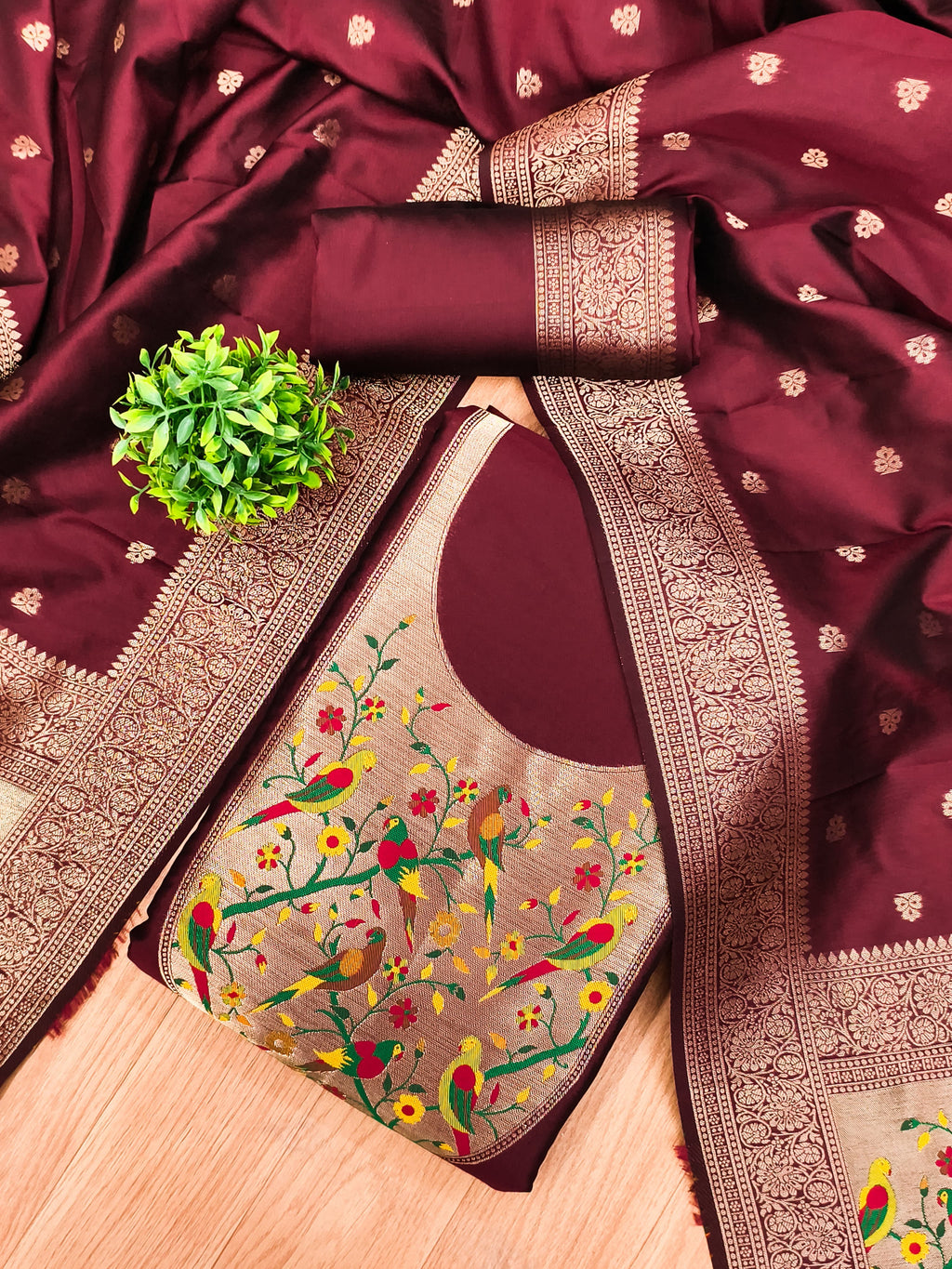 Maroon Color Paithani woven Pattern Top, Bottom & Dupatta Dress Material