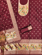 Maroon Color Paithani woven Pattern Top, Bottom & Dupatta Dress Material