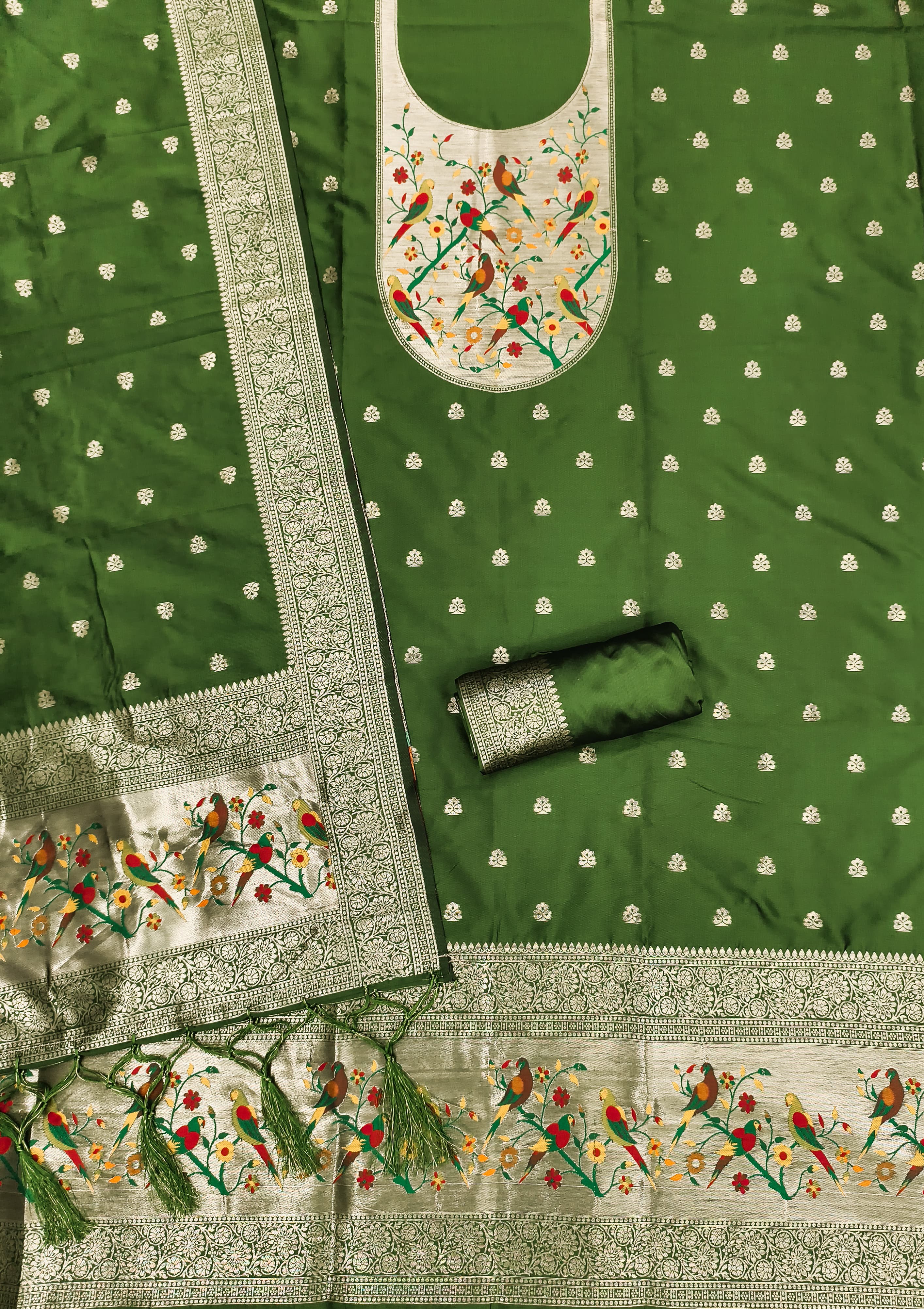 Bottle Green Color Paithani woven Pattern Top, Bottom & Dupatta Dress Material