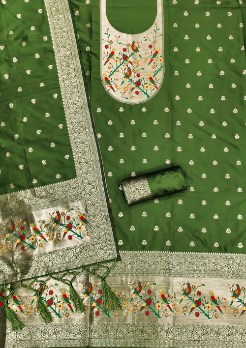 Bottle Green Color Paithani woven Pattern Top, Bottom & Dupatta Dress Material