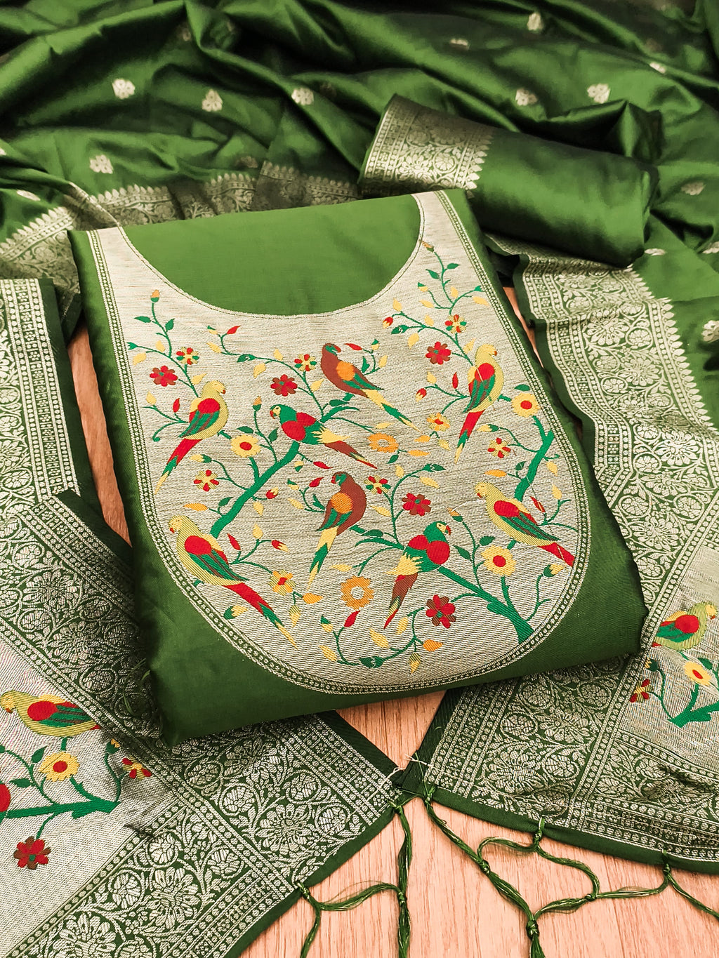 Bottle Green Color Paithani woven Pattern Top, Bottom & Dupatta Dress Material