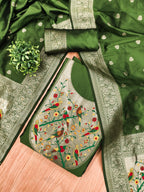 Bottle Green Color Paithani woven Pattern Top, Bottom & Dupatta Dress Material
