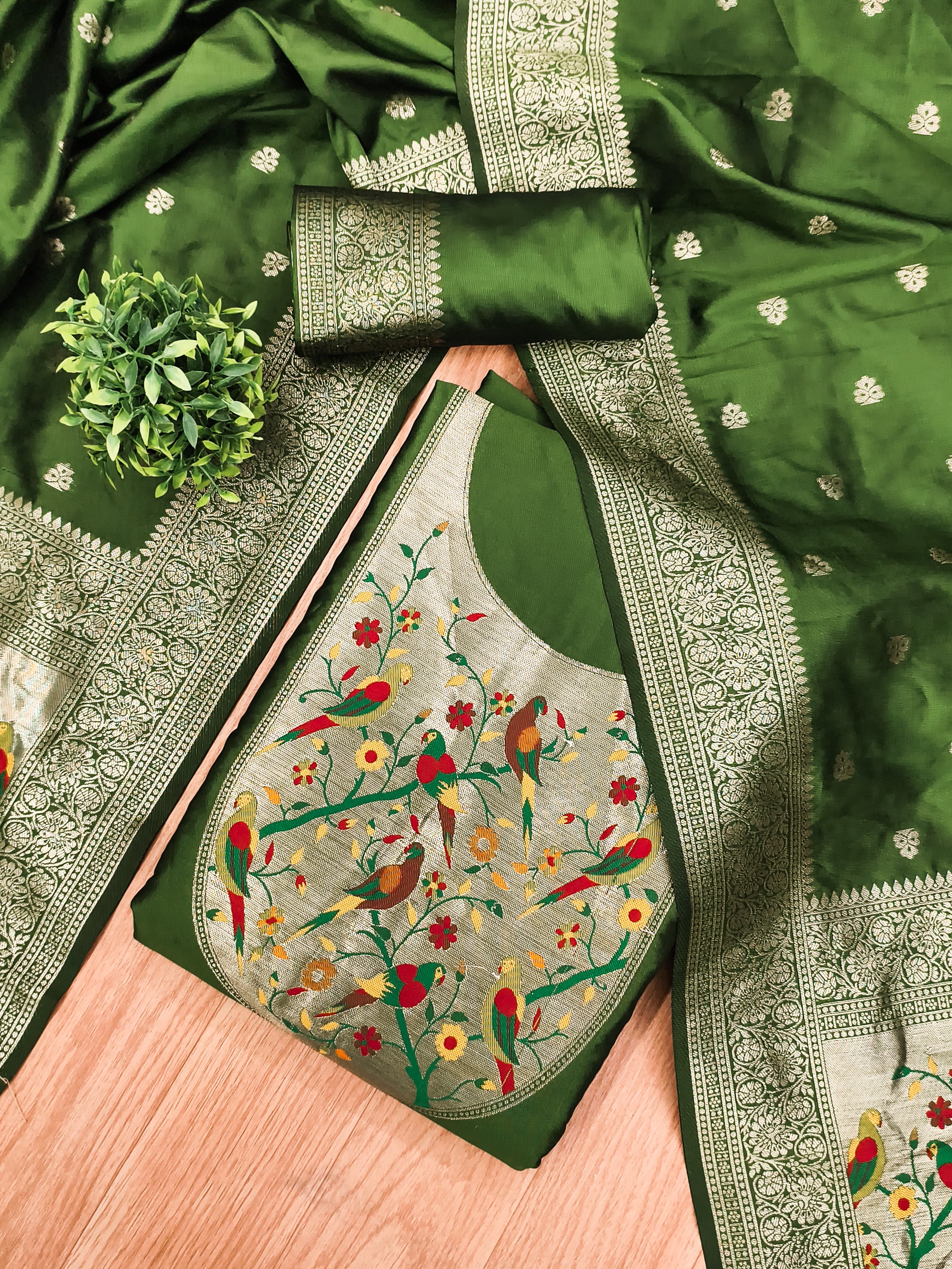Bottle Green Color Paithani woven Pattern Top, Bottom & Dupatta Dress Material
