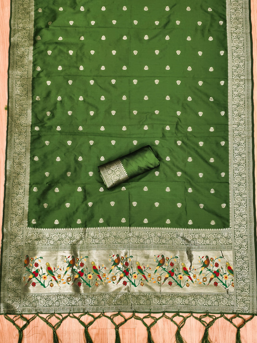 Bottle Green Color Paithani woven Pattern Top, Bottom & Dupatta Dress Material