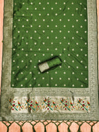 Bottle Green Color Paithani woven Pattern Top, Bottom & Dupatta Dress Material