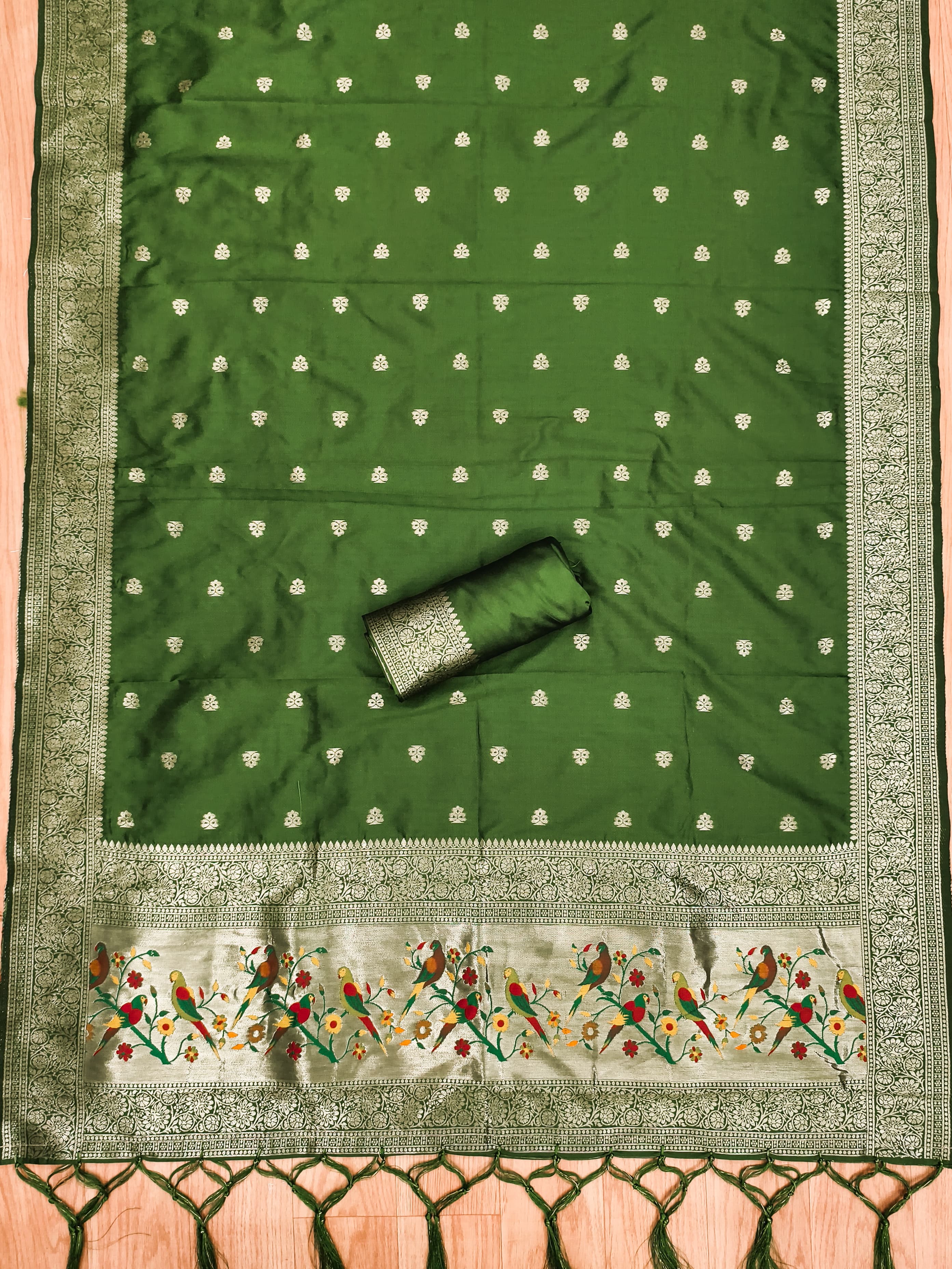 Bottle Green Color Paithani woven Pattern Top, Bottom & Dupatta Dress Material