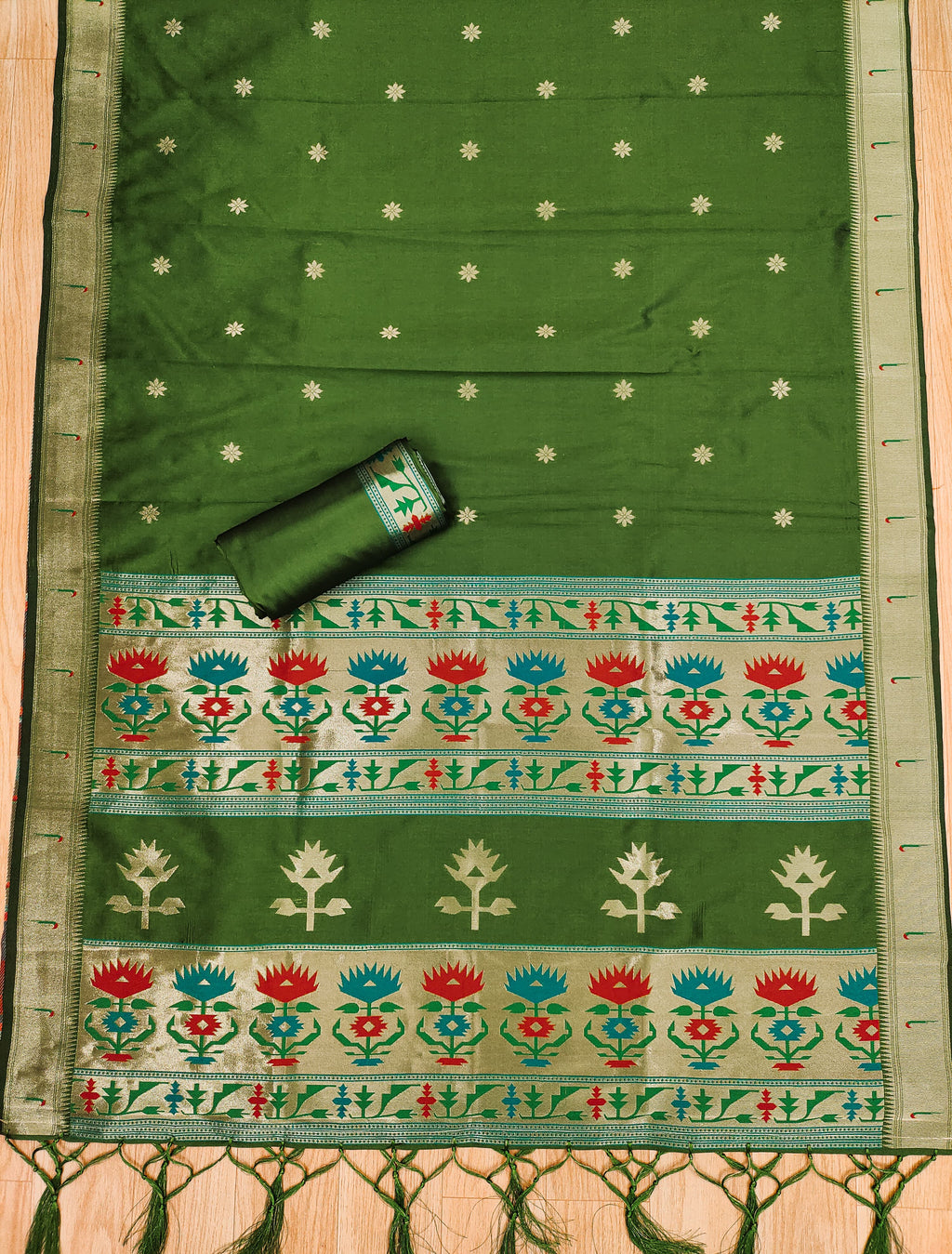 Bottle Green Color Paithani woven Pattern Top, Bottom & Dupatta Dress Material