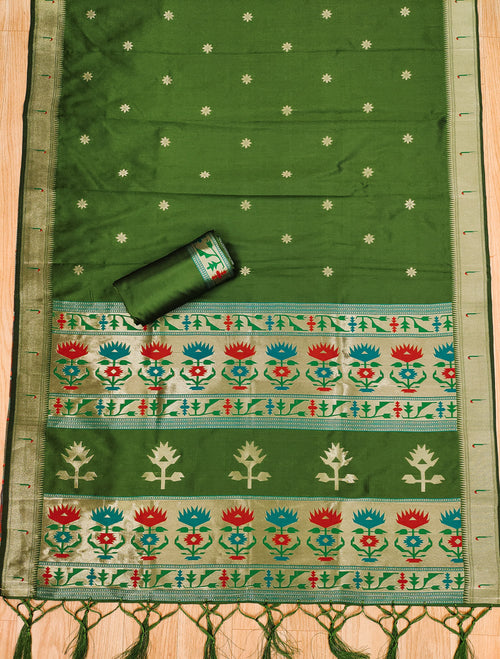Bottle Green Color Paithani woven Pattern Top, Bottom & Dupatta Dress Material