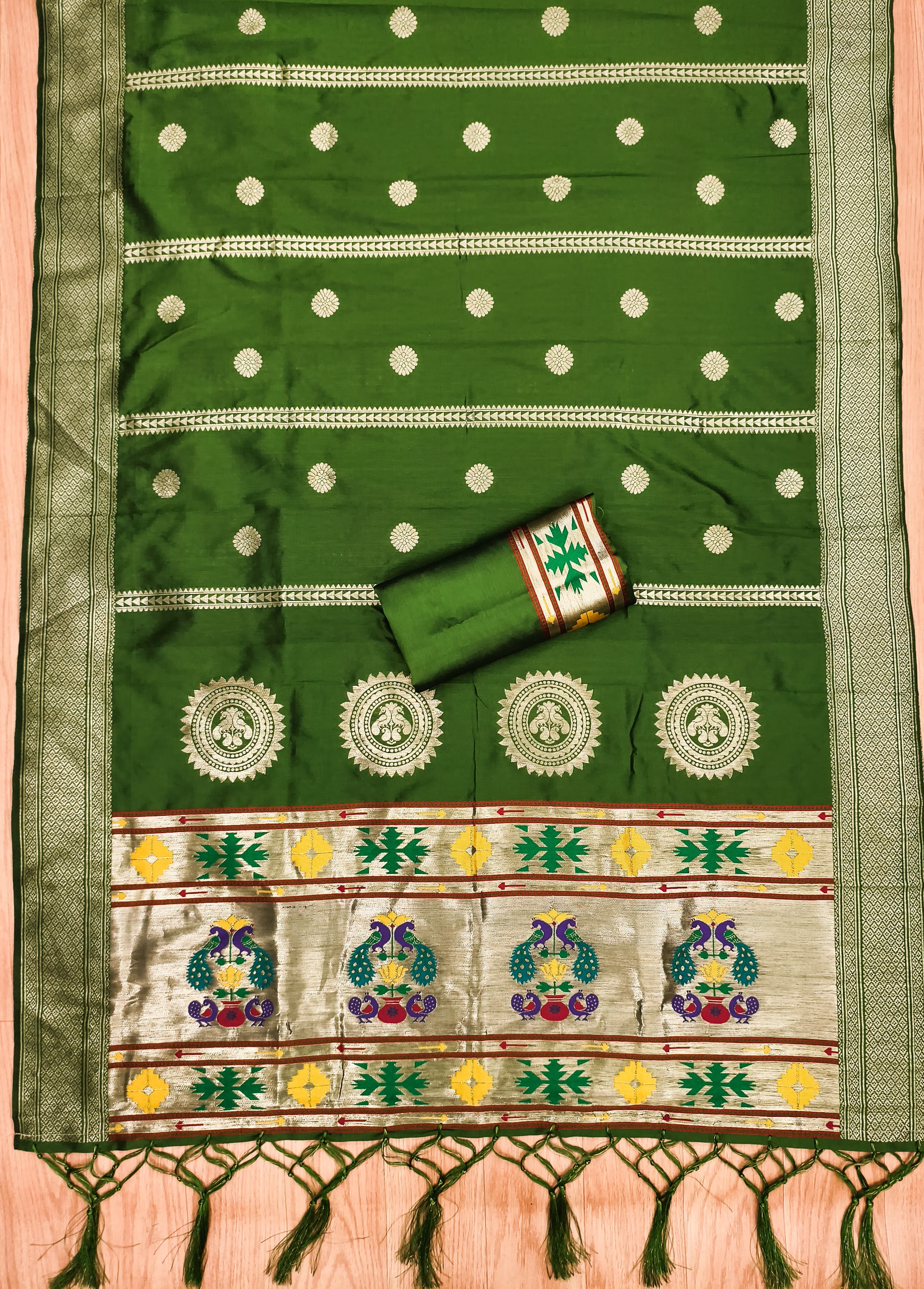 Bottle Green Color Paithani woven Pattern Top, Bottom & Dupatta Dress Material