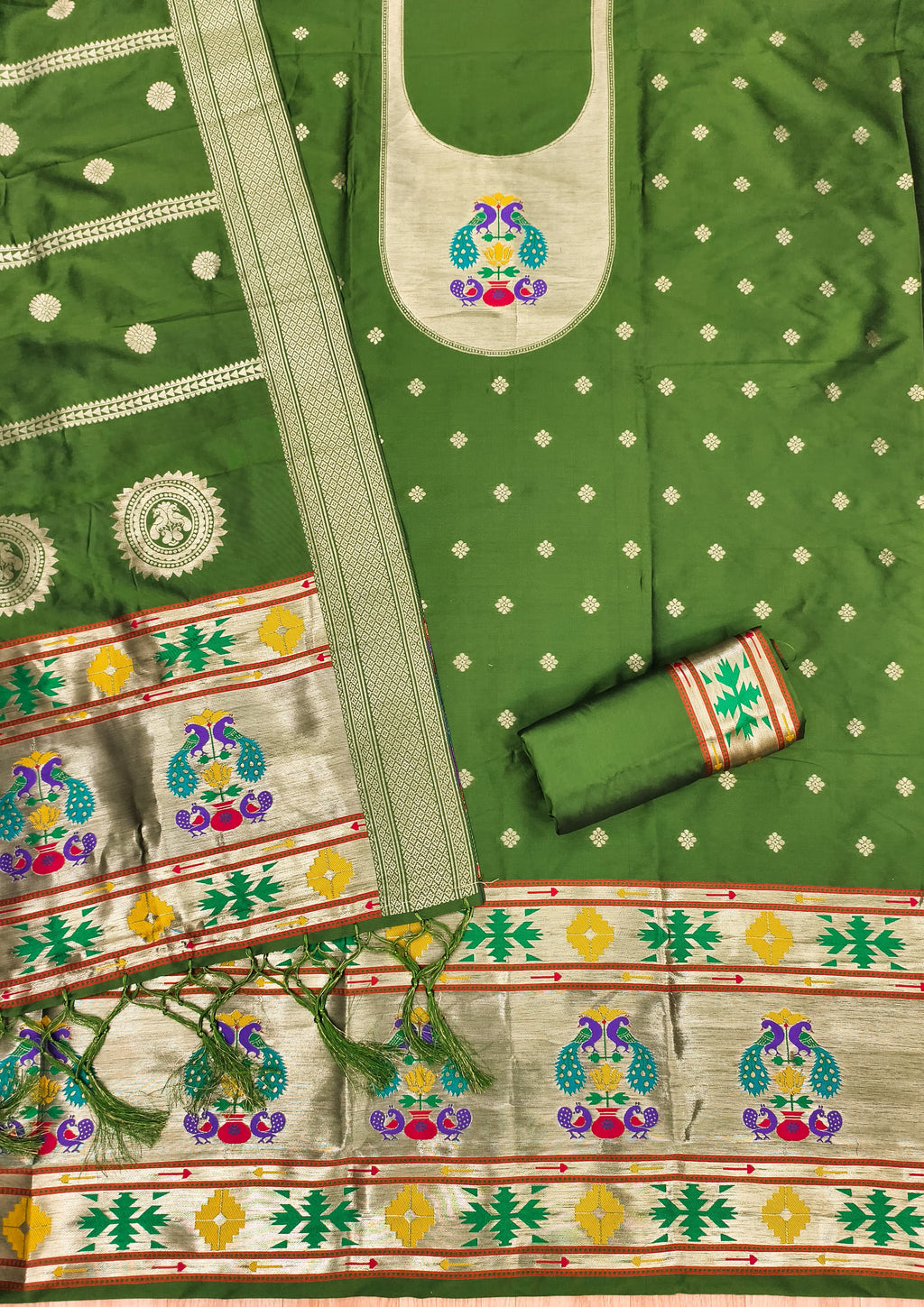 Bottle Green Color Paithani woven Pattern Top, Bottom & Dupatta Dress Material