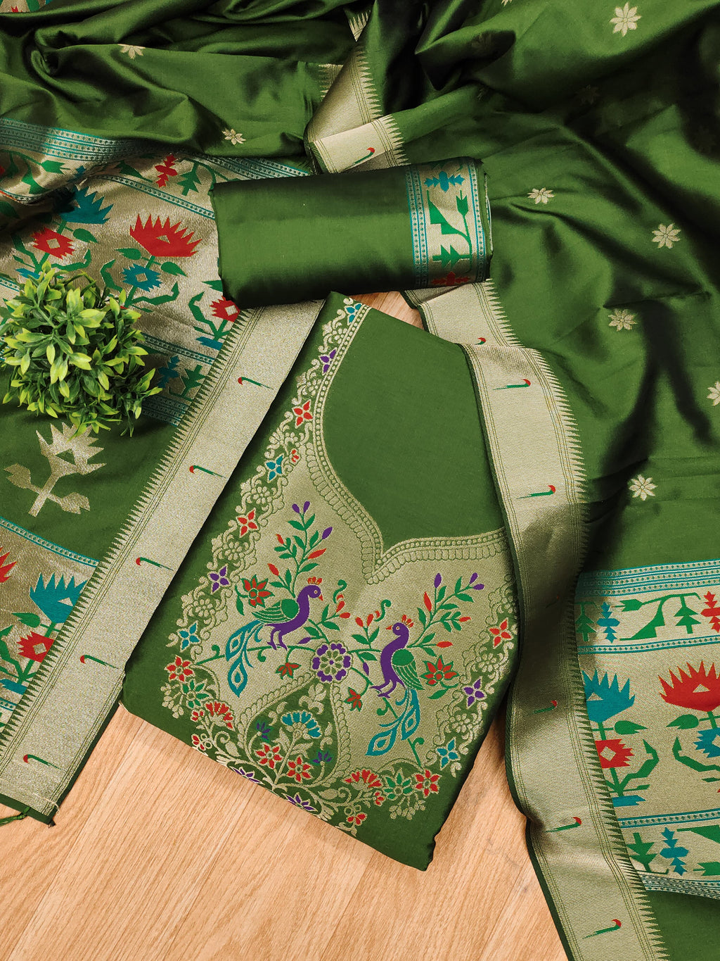 Bottle Green Color Paithani woven Pattern Top, Bottom & Dupatta Dress Material