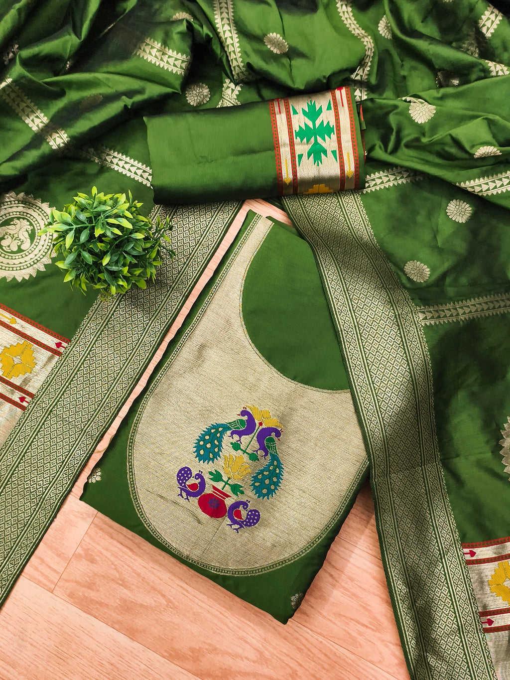 Bottle Green Color Paithani woven Pattern Top, Bottom & Dupatta Dress Material
