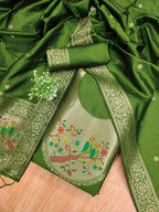 Bottle Green Color Paithani woven Pattern Top, Bottom & Dupatta Dress Material