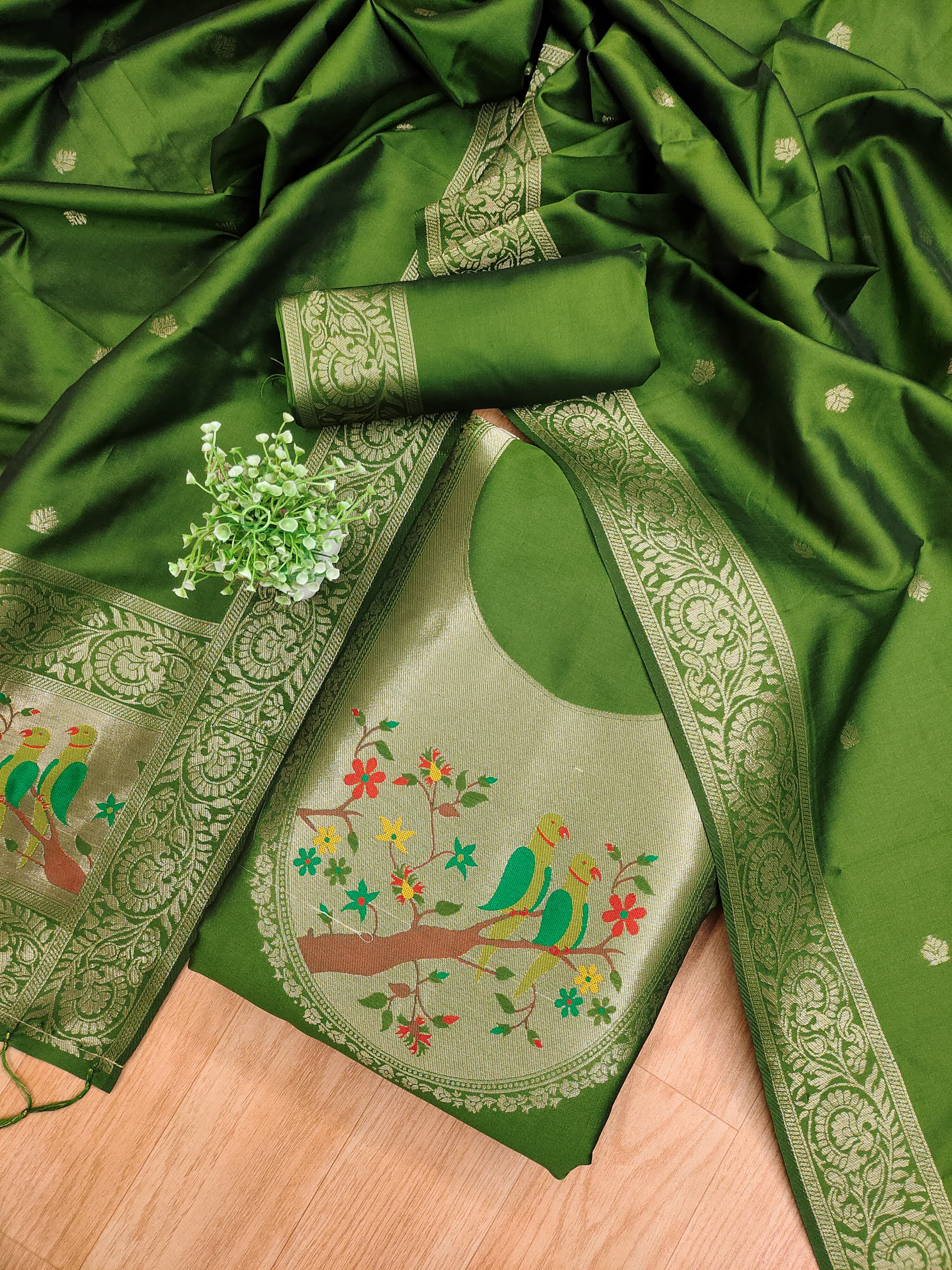 Bottle Green Color Paithani woven Pattern Top, Bottom & Dupatta Dress Material