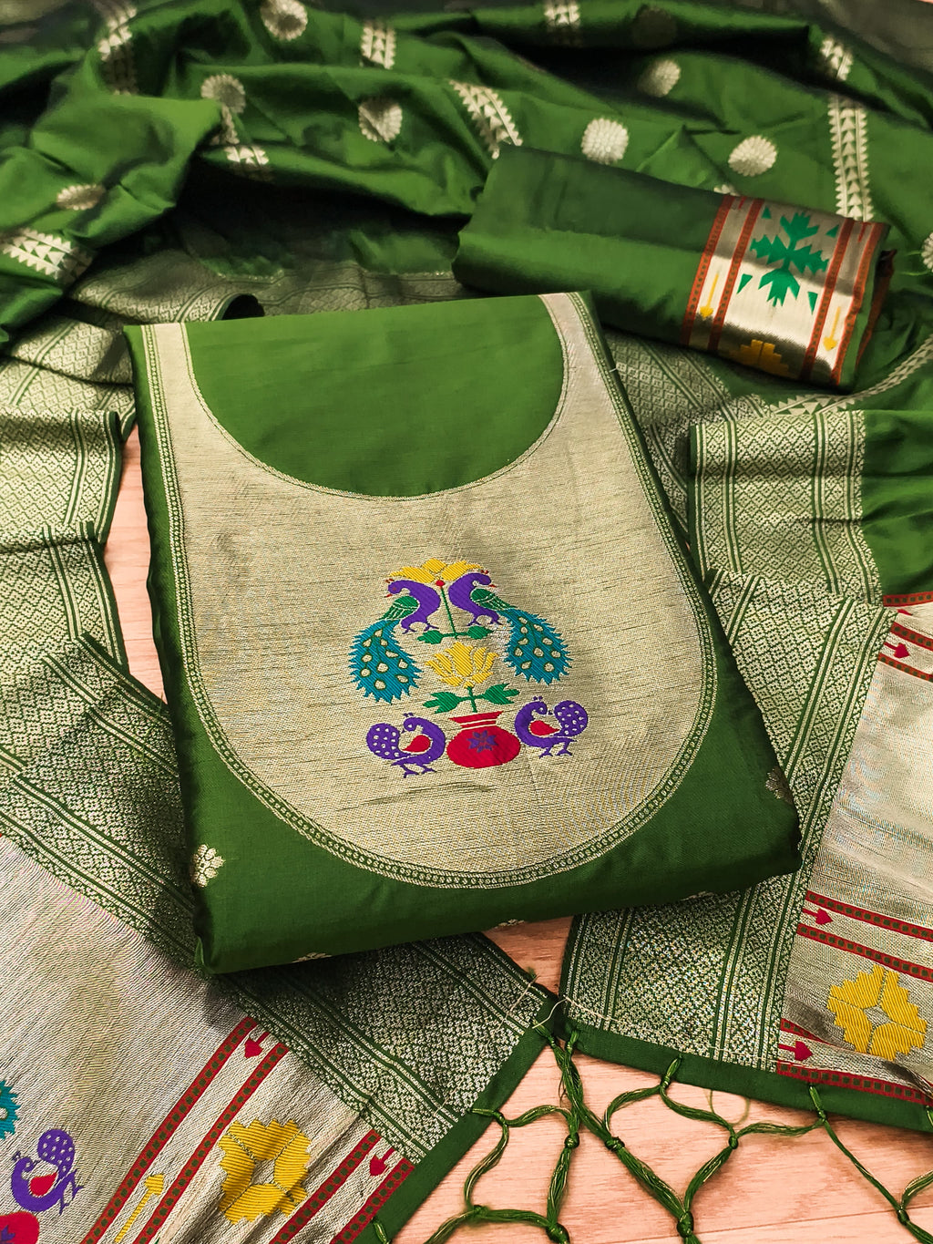Bottle Green Color Paithani woven Pattern Top, Bottom & Dupatta Dress Material