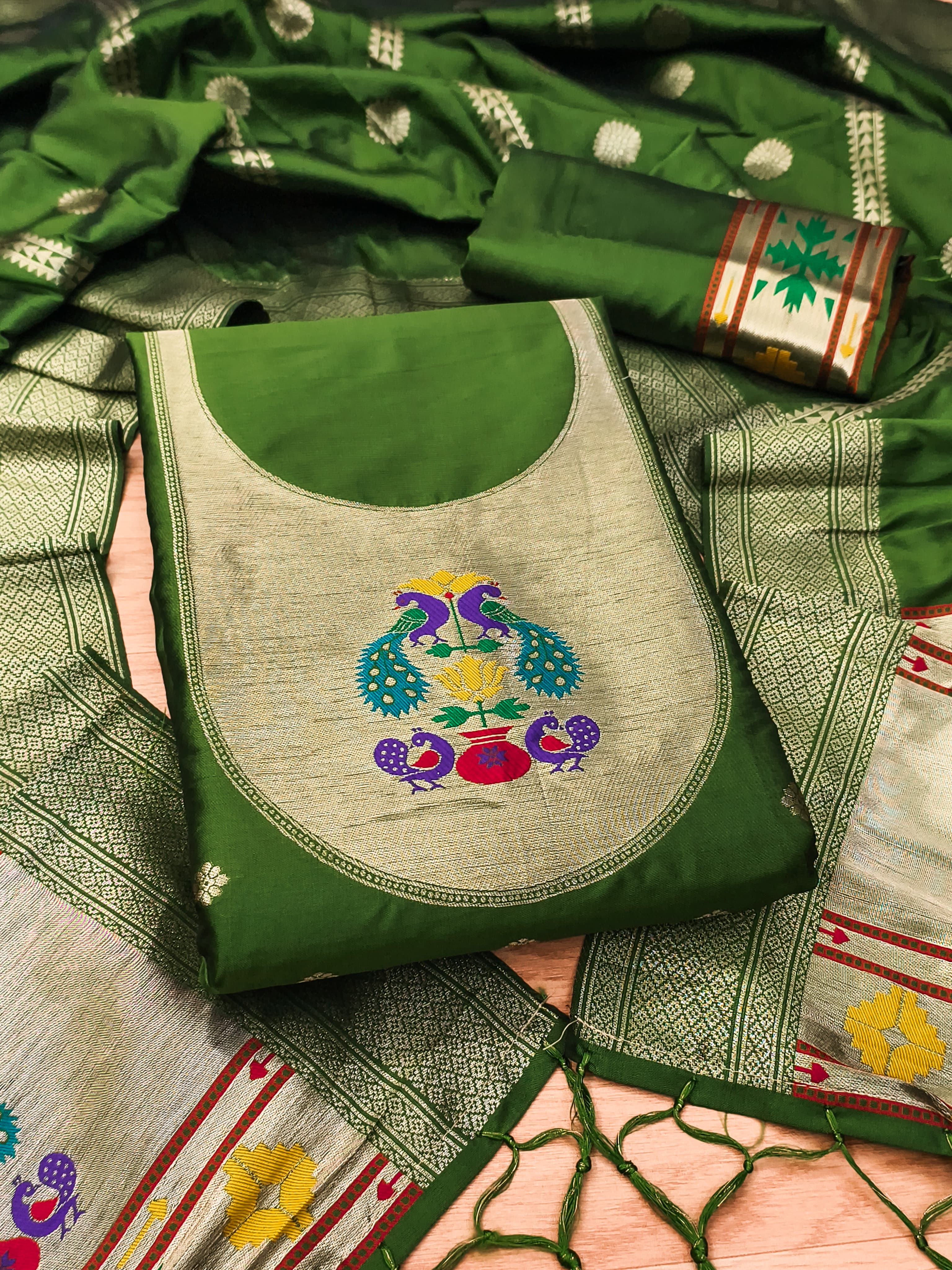 Bottle Green Color Paithani woven Pattern Top, Bottom & Dupatta Dress Material