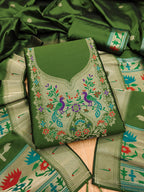 Bottle Green Color Paithani woven Pattern Top, Bottom & Dupatta Dress Material