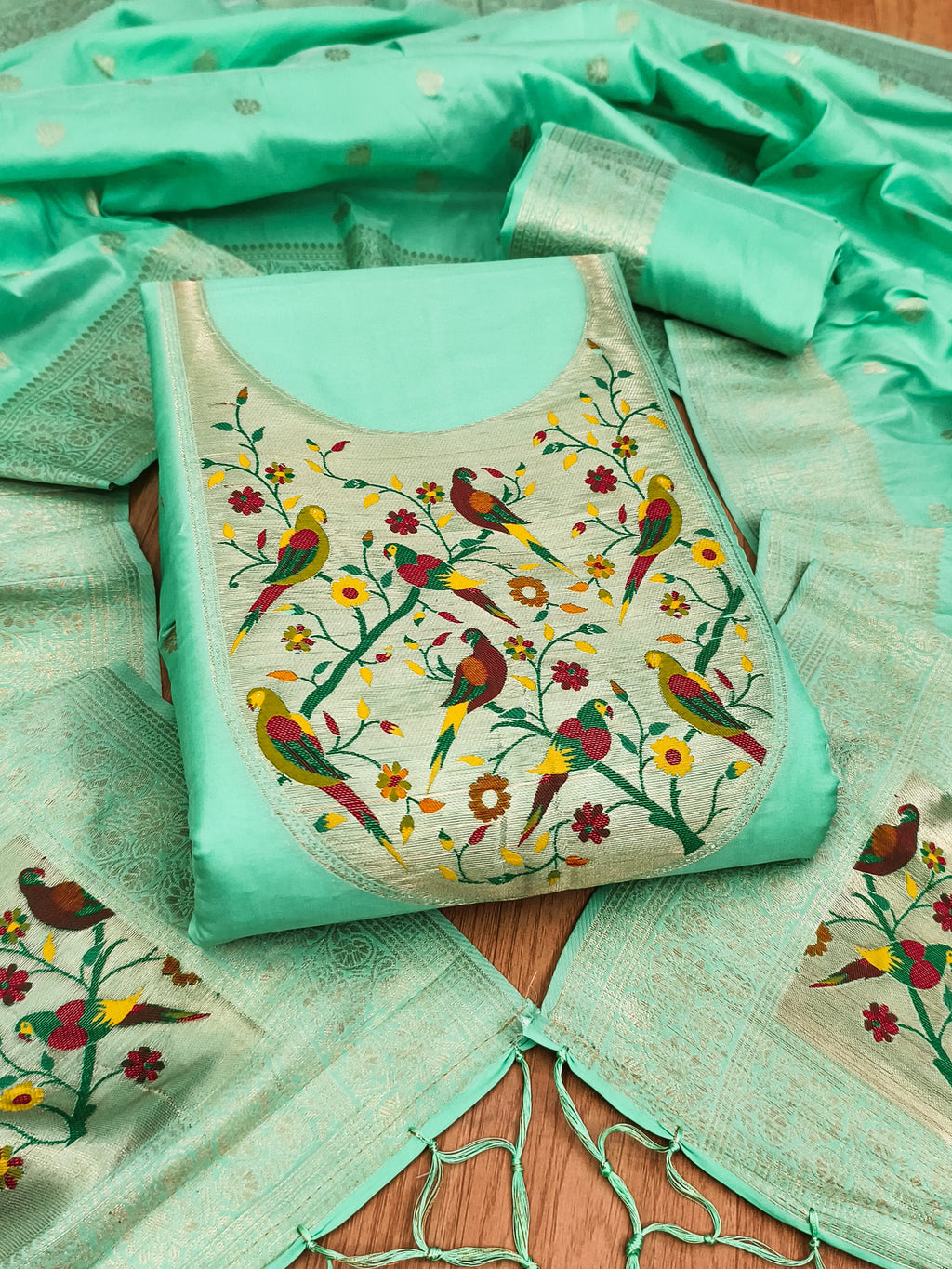 Sea Green Color Paithani woven Pattern Top, Bottom & Dupatta Dress Material
