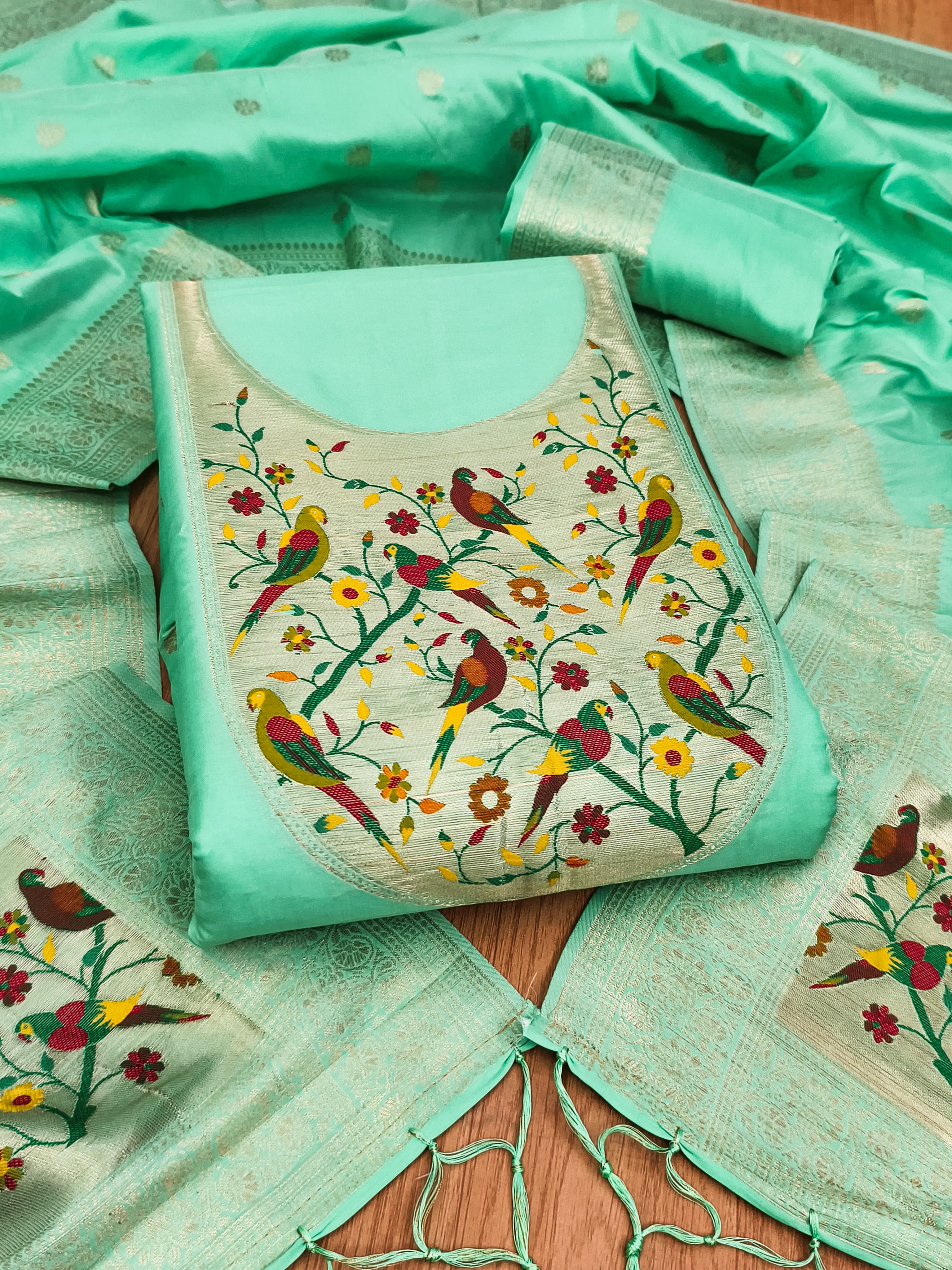 Sea Green Color Paithani woven Pattern Top, Bottom & Dupatta Dress Material