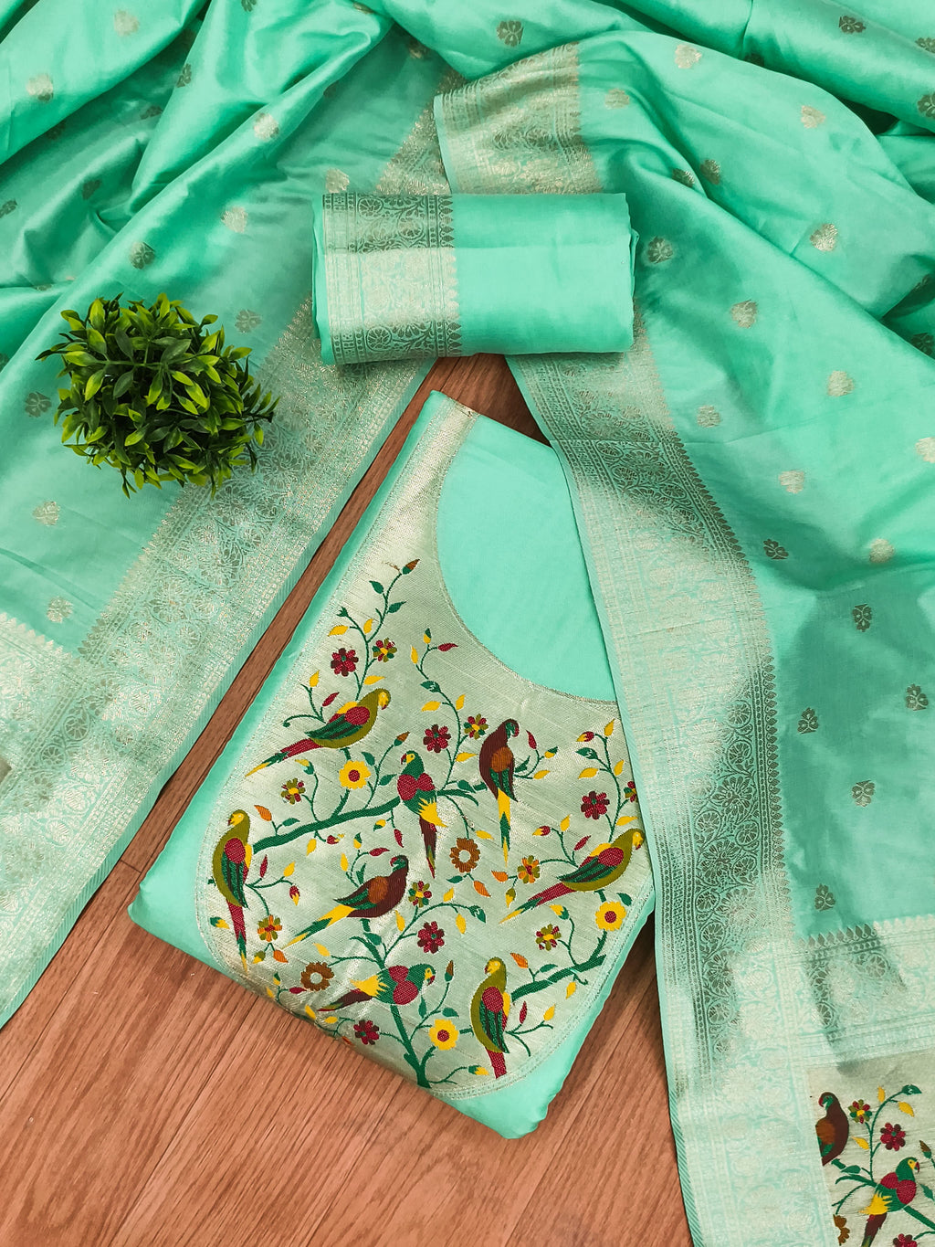 Sea Green Color Paithani woven Pattern Top, Bottom & Dupatta Dress Material
