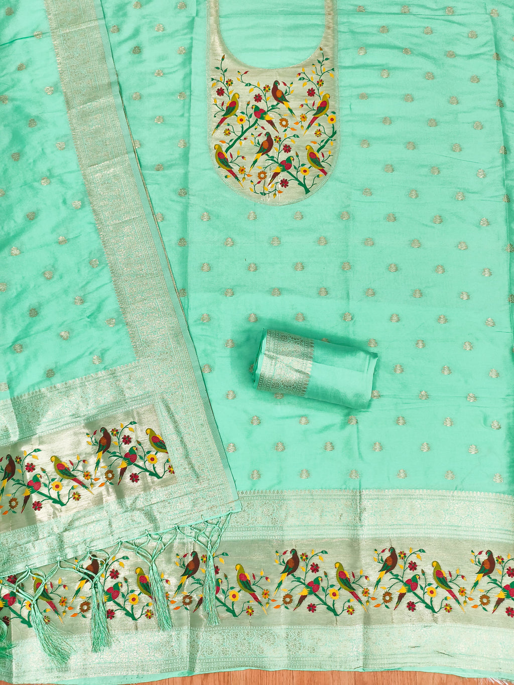 Sea Green Color Paithani woven Pattern Top, Bottom & Dupatta Dress Material
