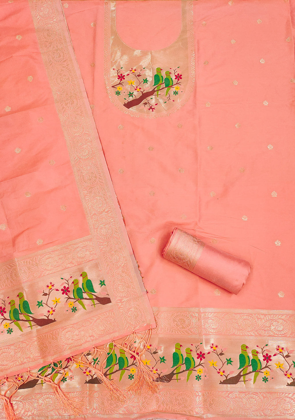 Orange Color Paithani woven Pattern Top, Bottom & Dupatta Dress Material