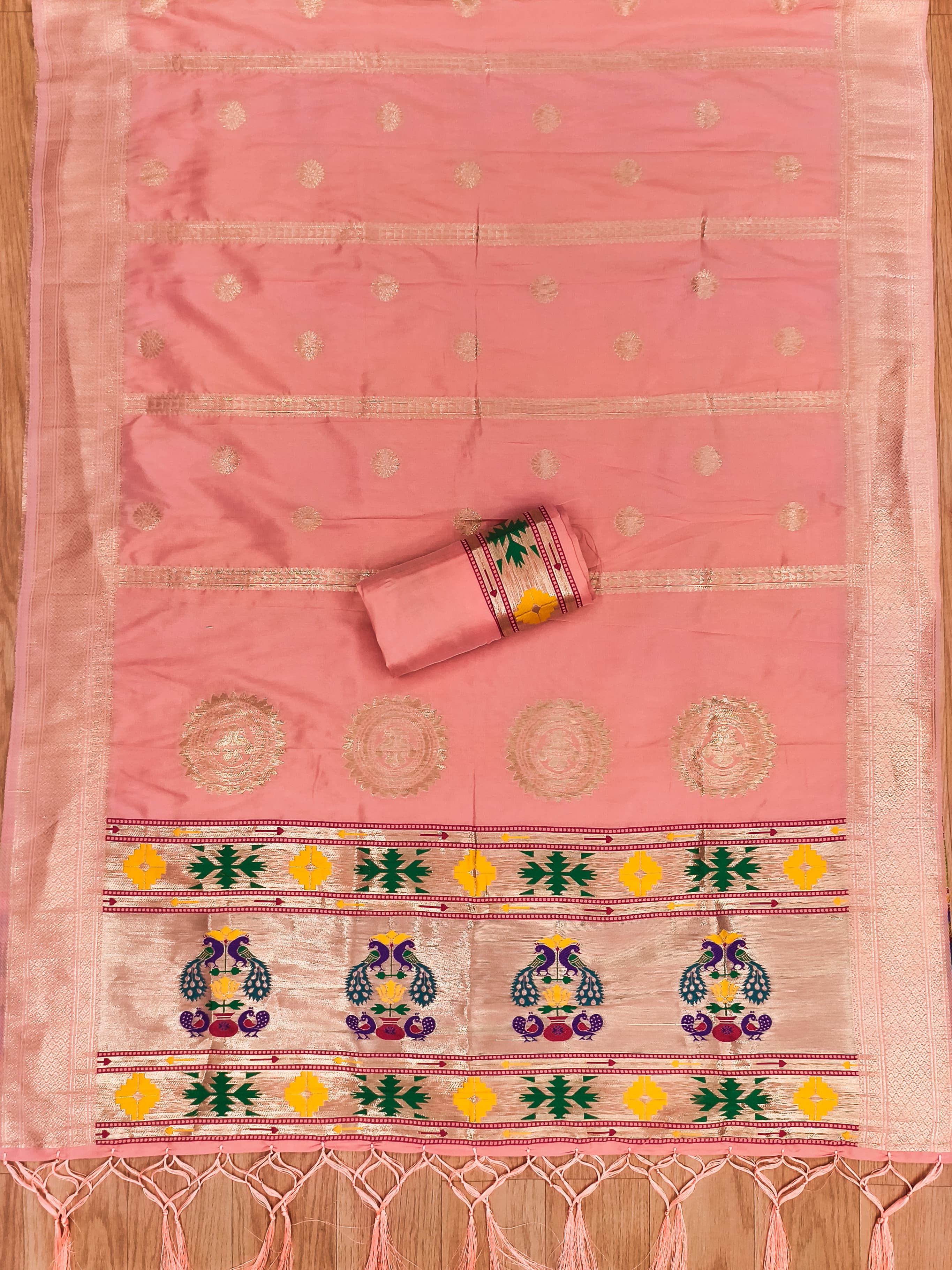 Peach Color Paithani woven Pattern Top, Bottom & Dupatta Dress Material