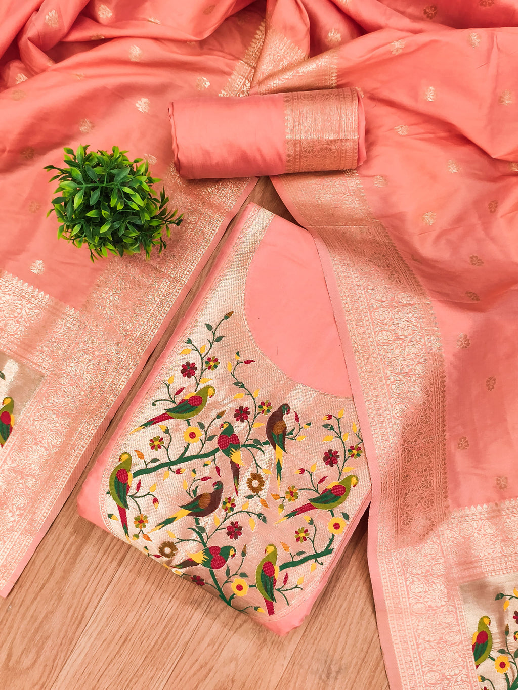 Peach Color Paithani woven Pattern Top, Bottom & Dupatta Dress Material