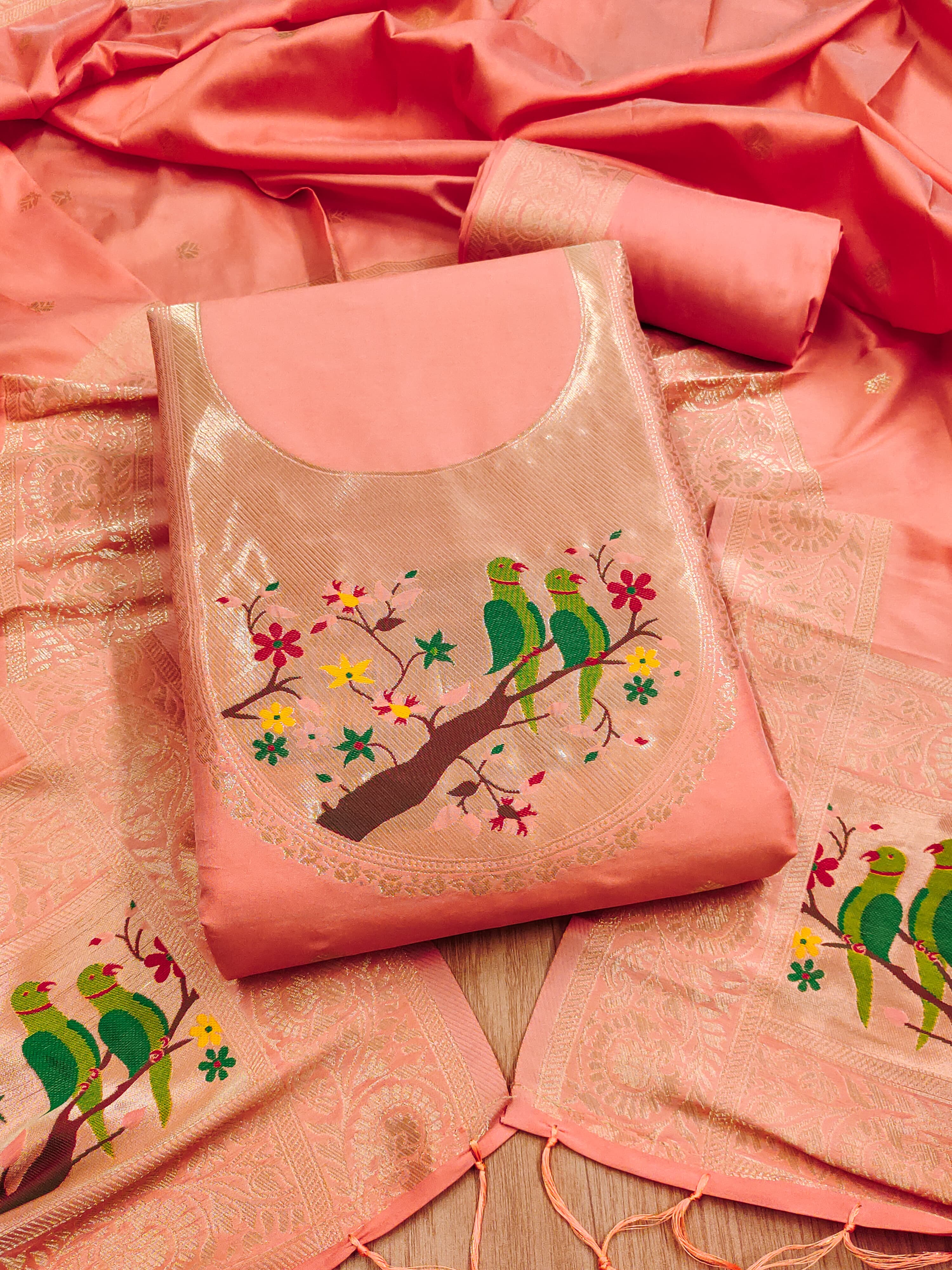 Orange Color Paithani woven Pattern Top, Bottom & Dupatta Dress Material