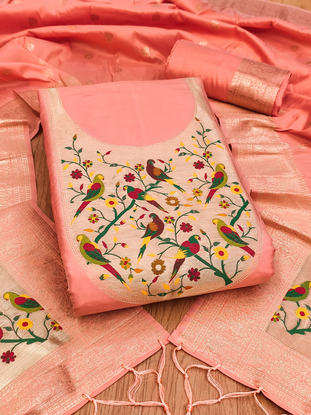 Peach Color Paithani woven Pattern Top, Bottom & Dupatta Dress Material