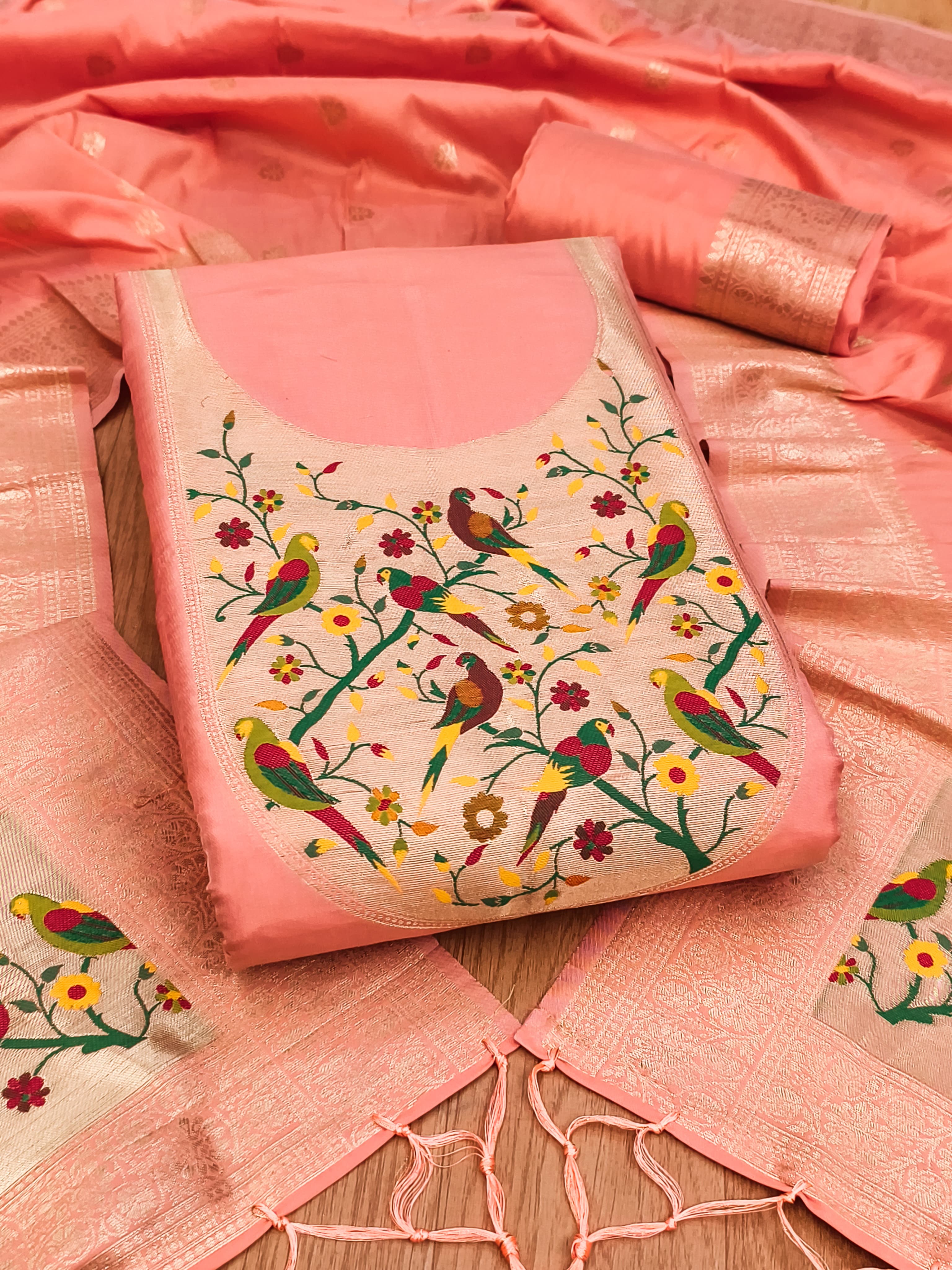 Peach Color Paithani woven Pattern Top, Bottom & Dupatta Dress Material