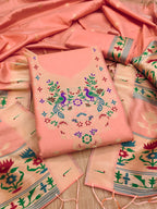Peach Color Paithani woven Pattern Top, Bottom & Dupatta Dress Material