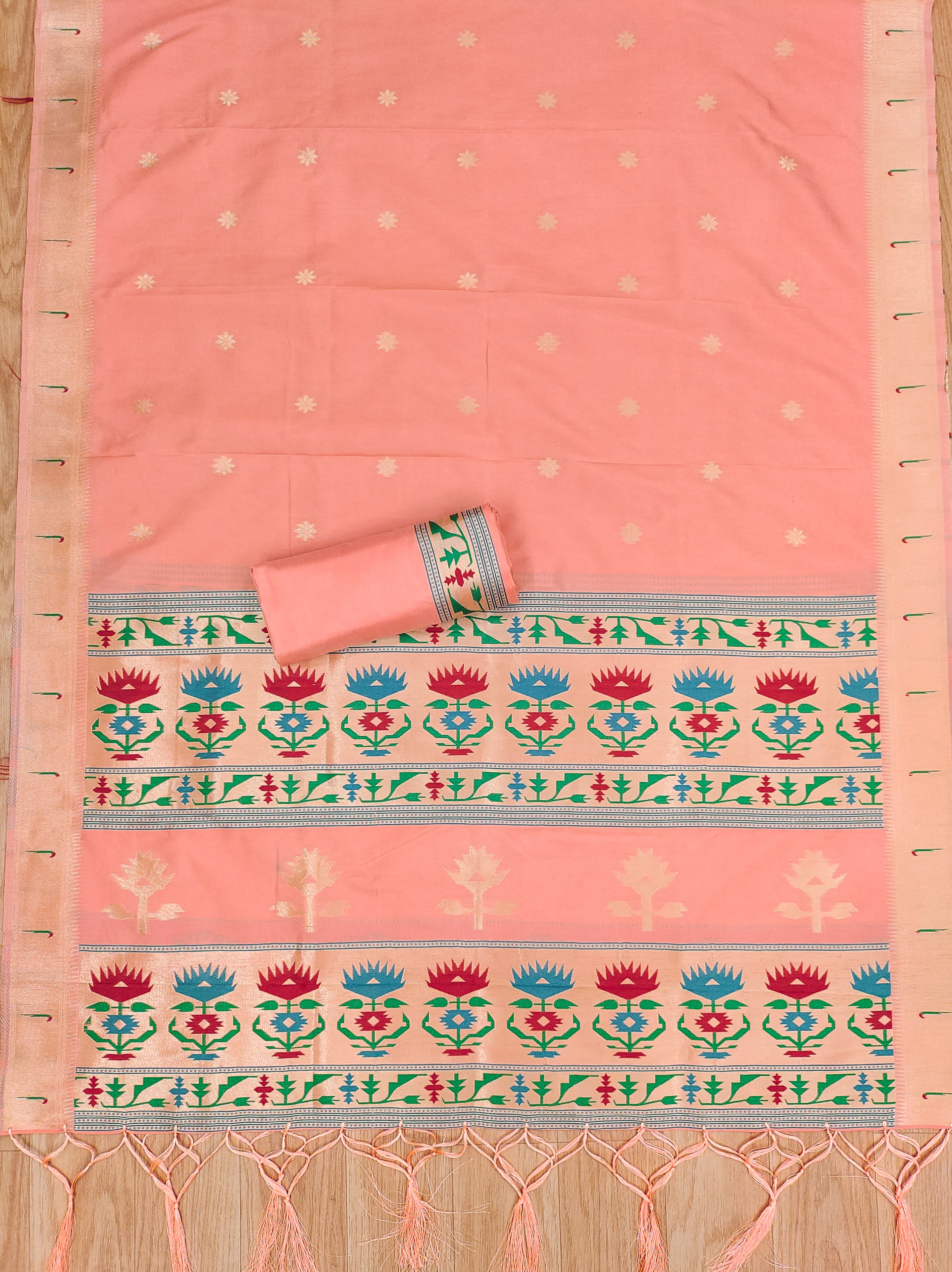 Peach Color Paithani woven Pattern Top, Bottom & Dupatta Dress Material
