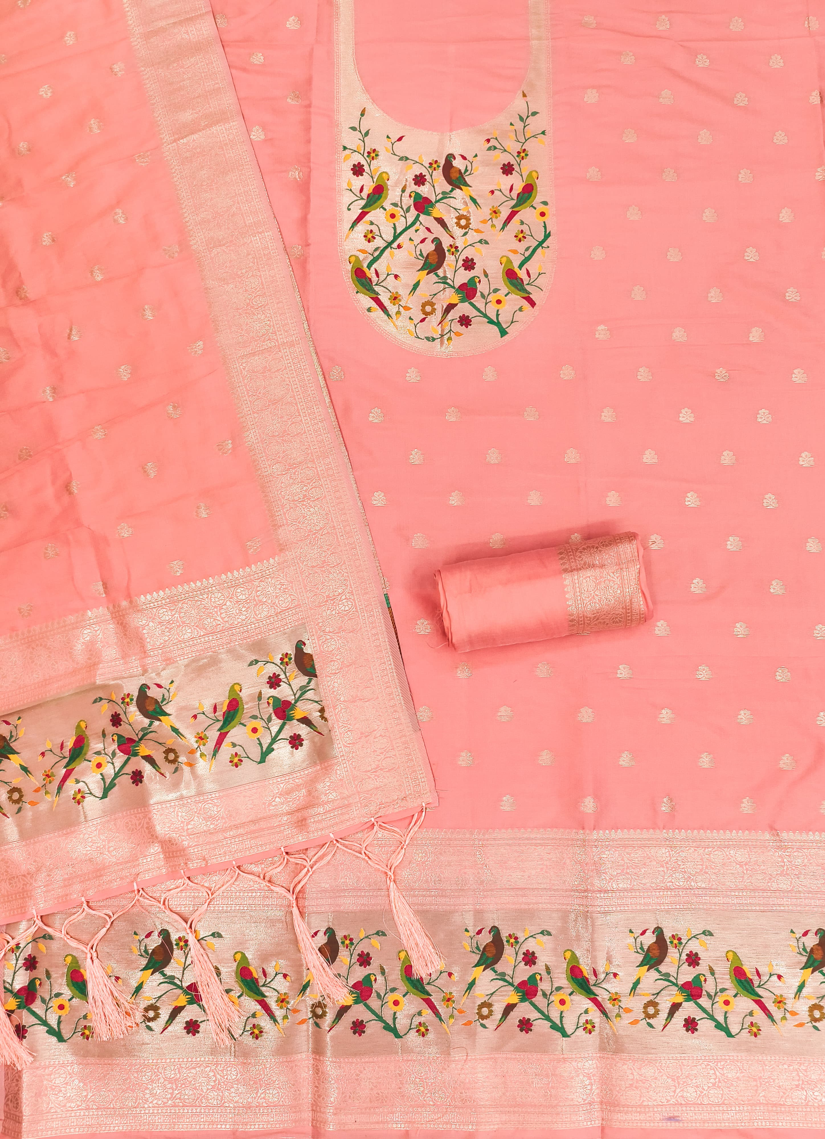 Peach Color Paithani woven Pattern Top, Bottom & Dupatta Dress Material