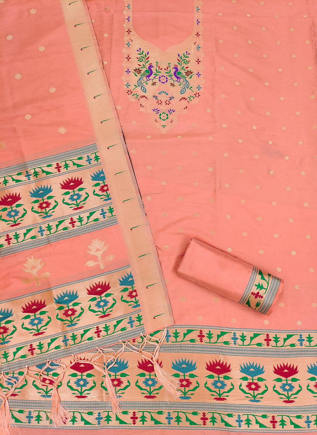 Peach Color Paithani woven Pattern Top, Bottom & Dupatta Dress Material