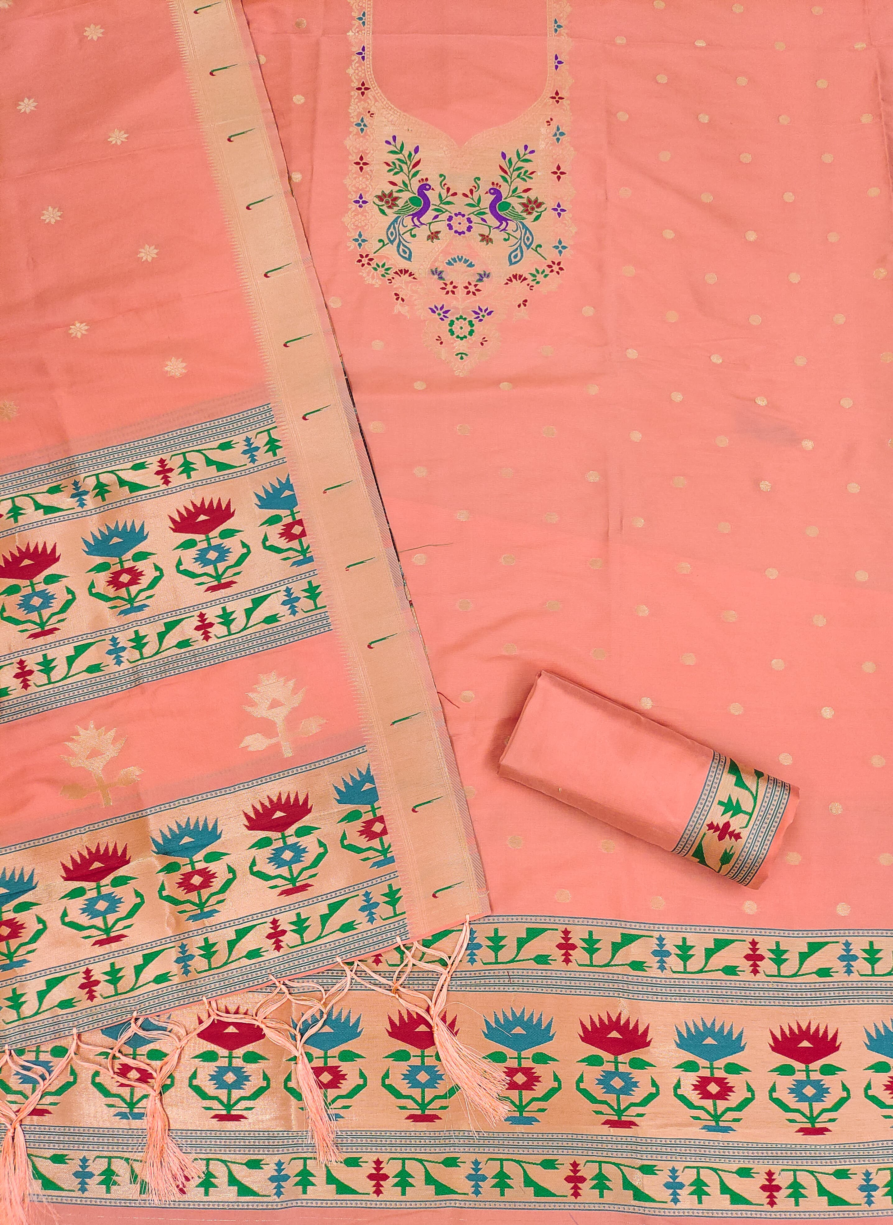 Peach Color Paithani woven Pattern Top, Bottom & Dupatta Dress Material