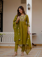 Elegant Straight Kurti Pant Dupatta Set of Mahendi Green