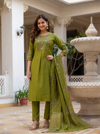 Elegant Straight Kurti Pant Dupatta Set of Green