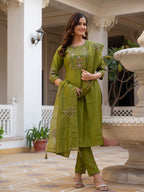 Elegant Straight Kurti Pant Dupatta Set of Green
