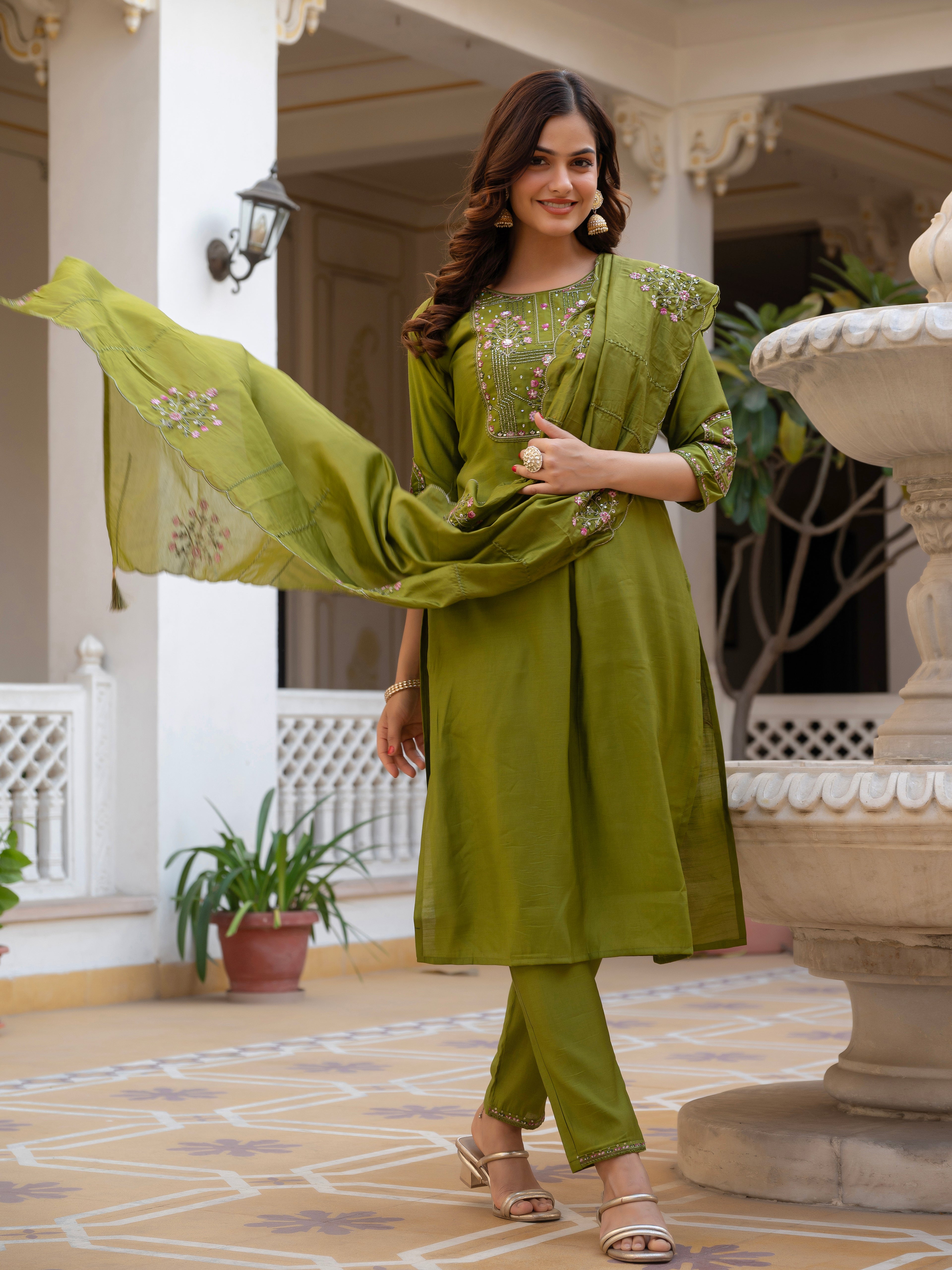 Elegant Straight Kurti Pant Dupatta Set of Green