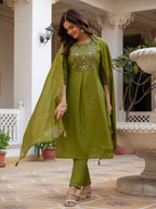 Elegant Straight Kurti Pant Dupatta Set of Green