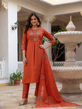 Elegant Straight Kurti Pant Dupatta Set of Rust